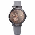 Rose Gold Floral Dial Women’s Analog Watch with Grey Strap & Crystal Accents | Stylish Ladies Wrist Watch