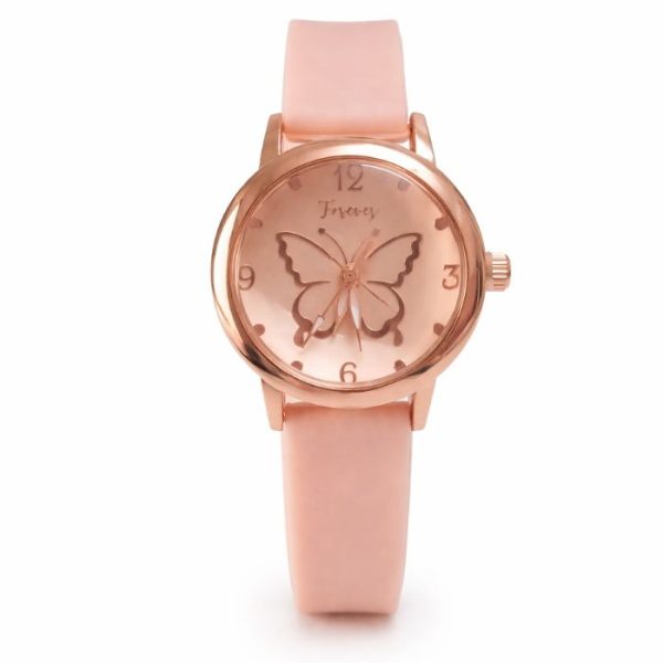 Butterfly Dial Rose Gold Women’s Analog Watch with Peach Strap | Stylish Ladies Wrist Watch